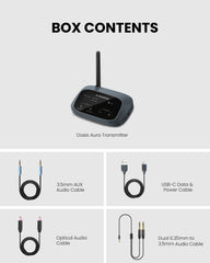 Oasis Aura Auracast venue transmitter kit for churches and home TV setups, including one Oasis Aura transmitter and setup cables