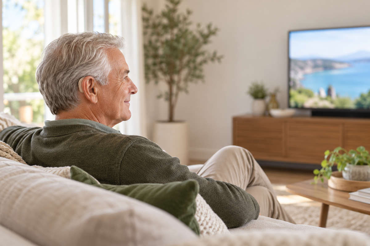 Older adult wearing a hearing aid while watching TV
