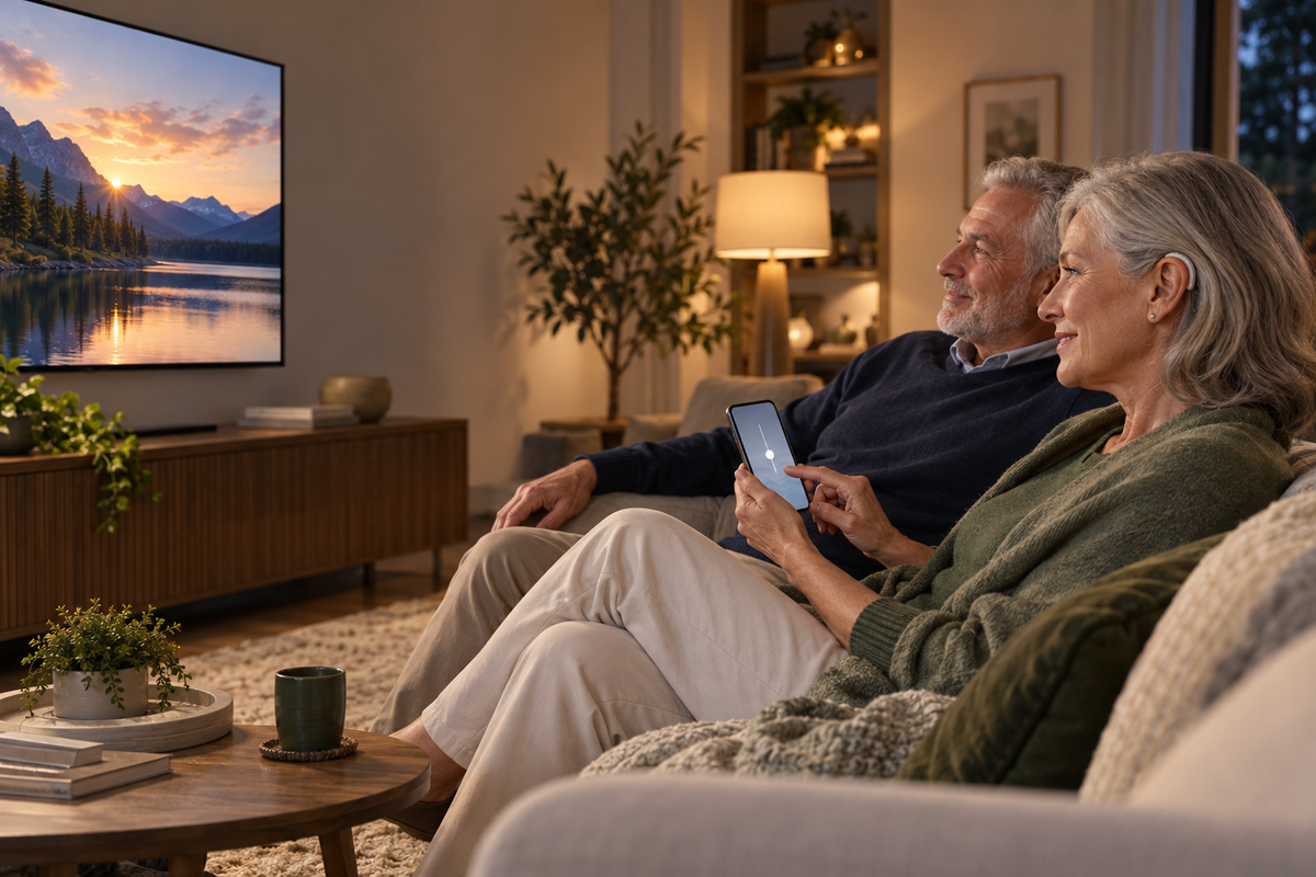 Two people watching TV together at comfortable listening levels