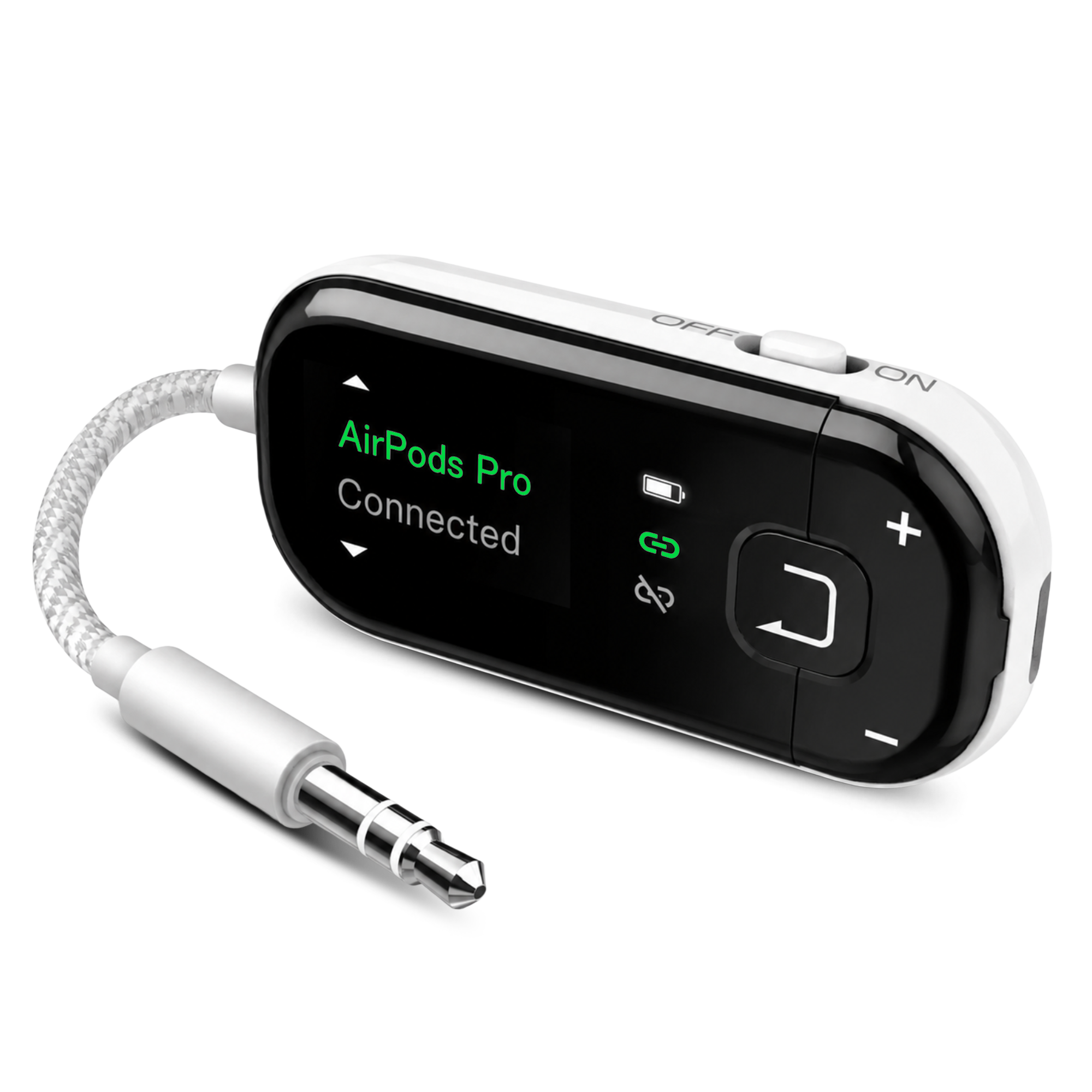 Avantree Voyager transmitter with OLED screen and built-in 3.5 mm cable