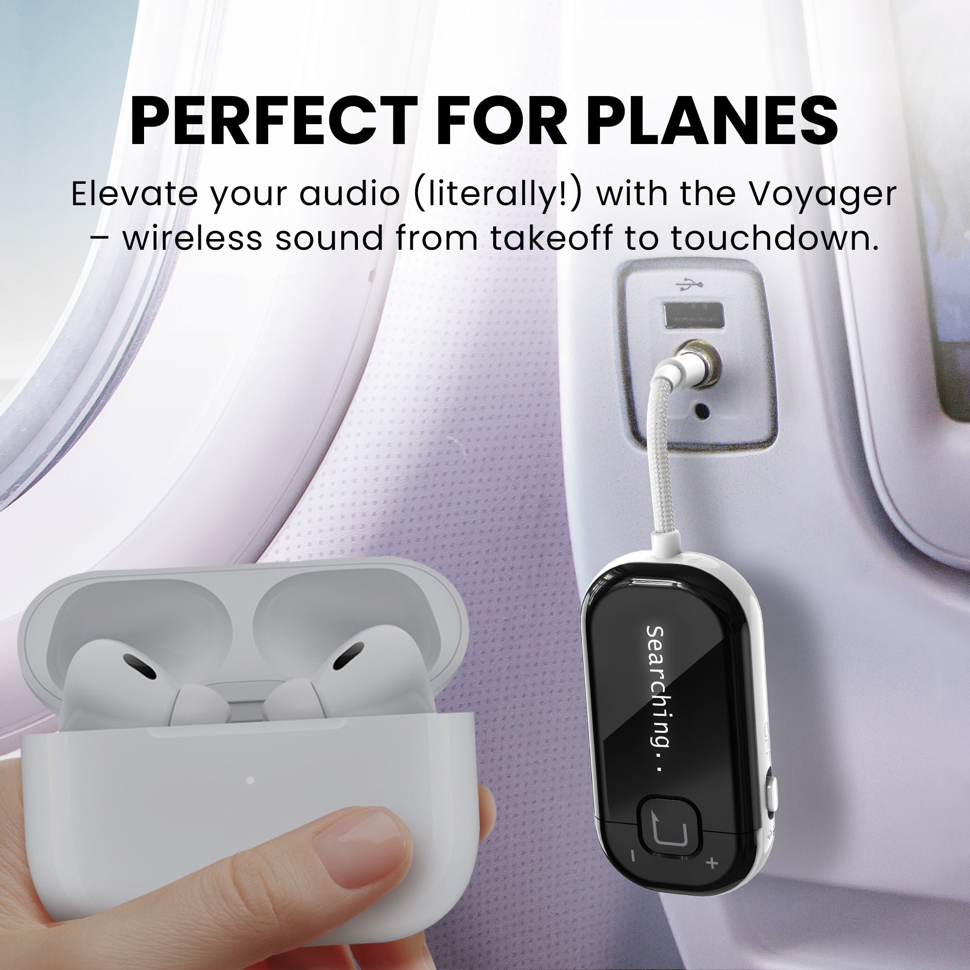Voyager adapter for wireless listening on compatible airplane entertainment systems