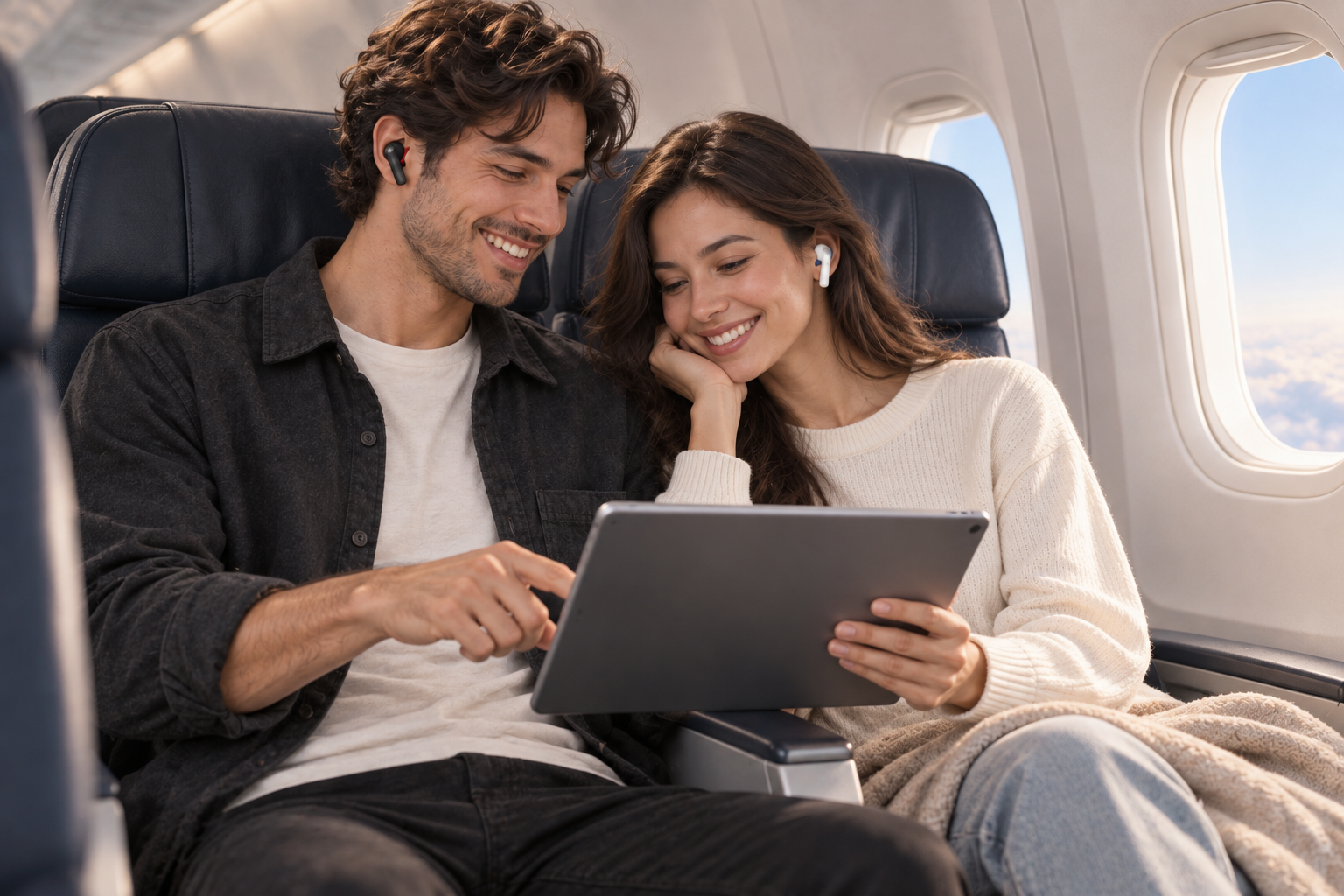 A couple on an airplane watching the same movie on a tablet with Infinity NC earbuds