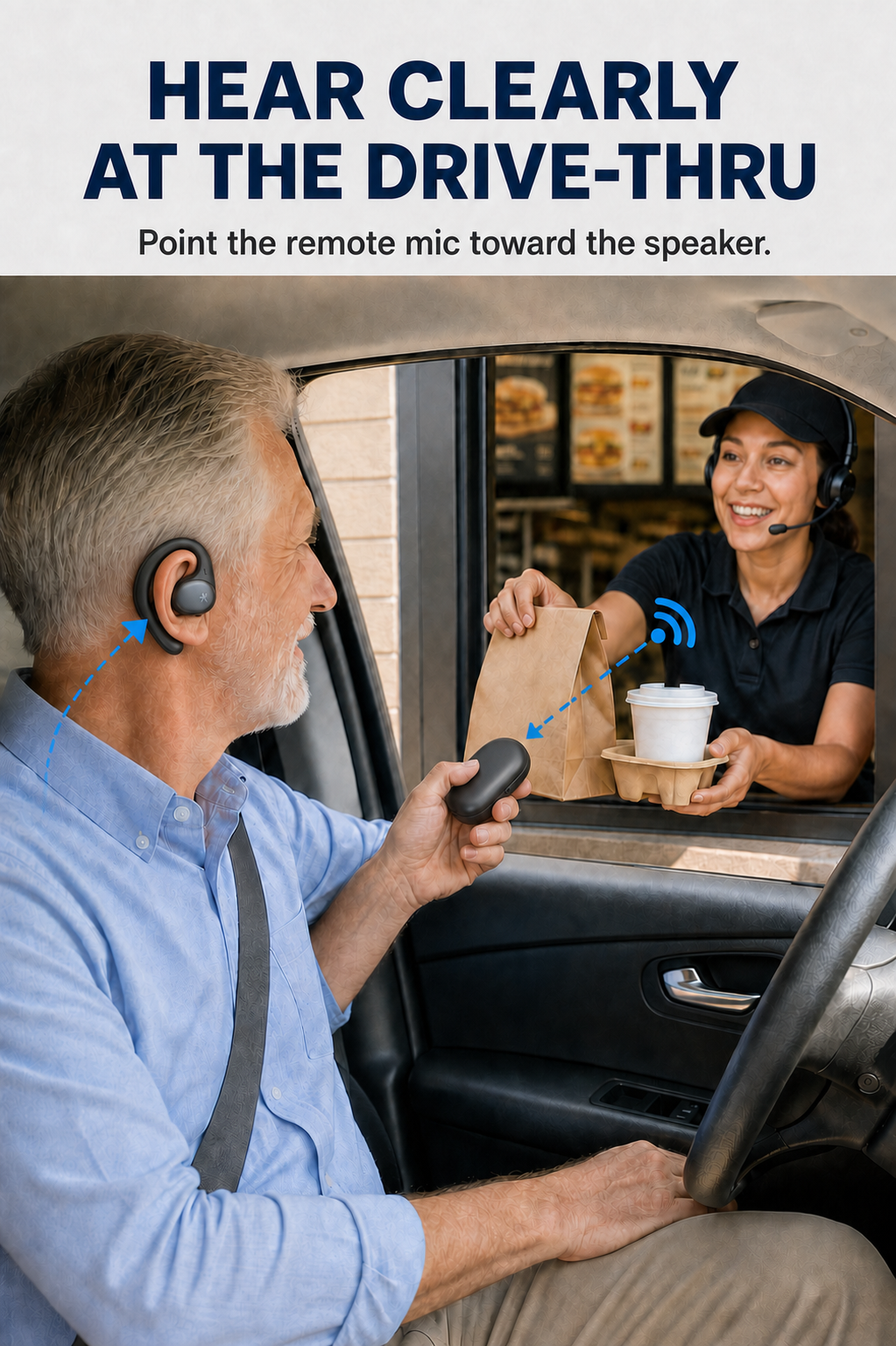 Driver correctly wearing an AcuEar Pebble 2 earphone and pointing the case microphone toward a drive-thru worker