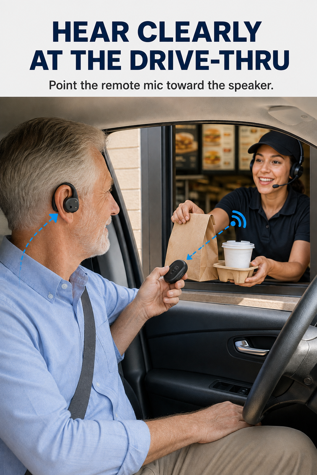 Driver points the AcuEar Pebble 2 remote case microphone toward a drive-thru worker