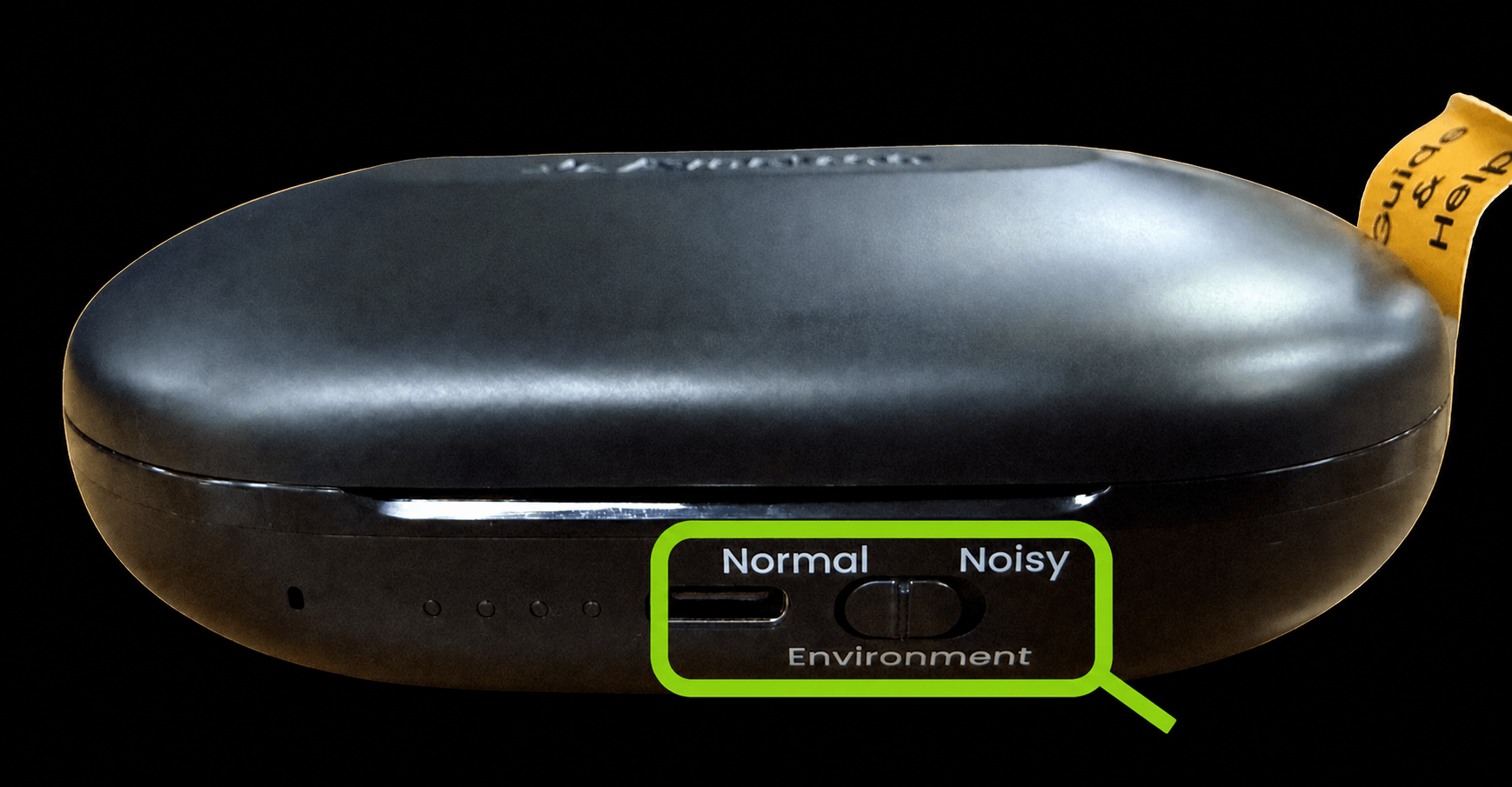 Photo highlighting the complete Environment control area on the front of the AcuEar Pebble 2 case