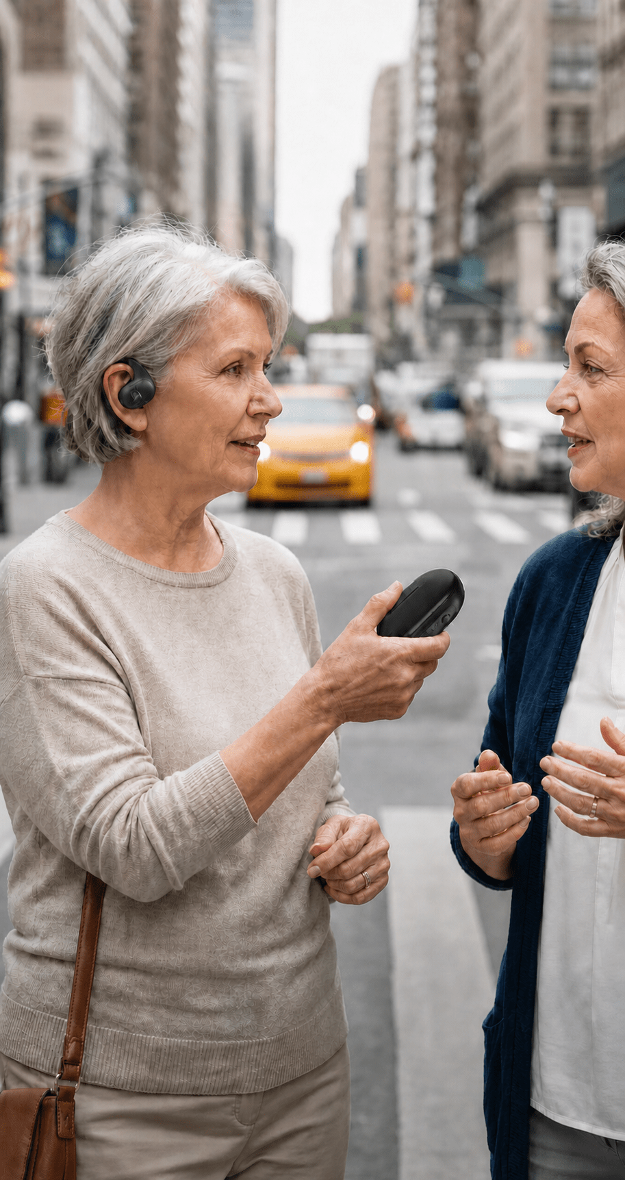 Listener wearing an AcuEar Pebble 2 earphone and holding the case microphone near a speaker