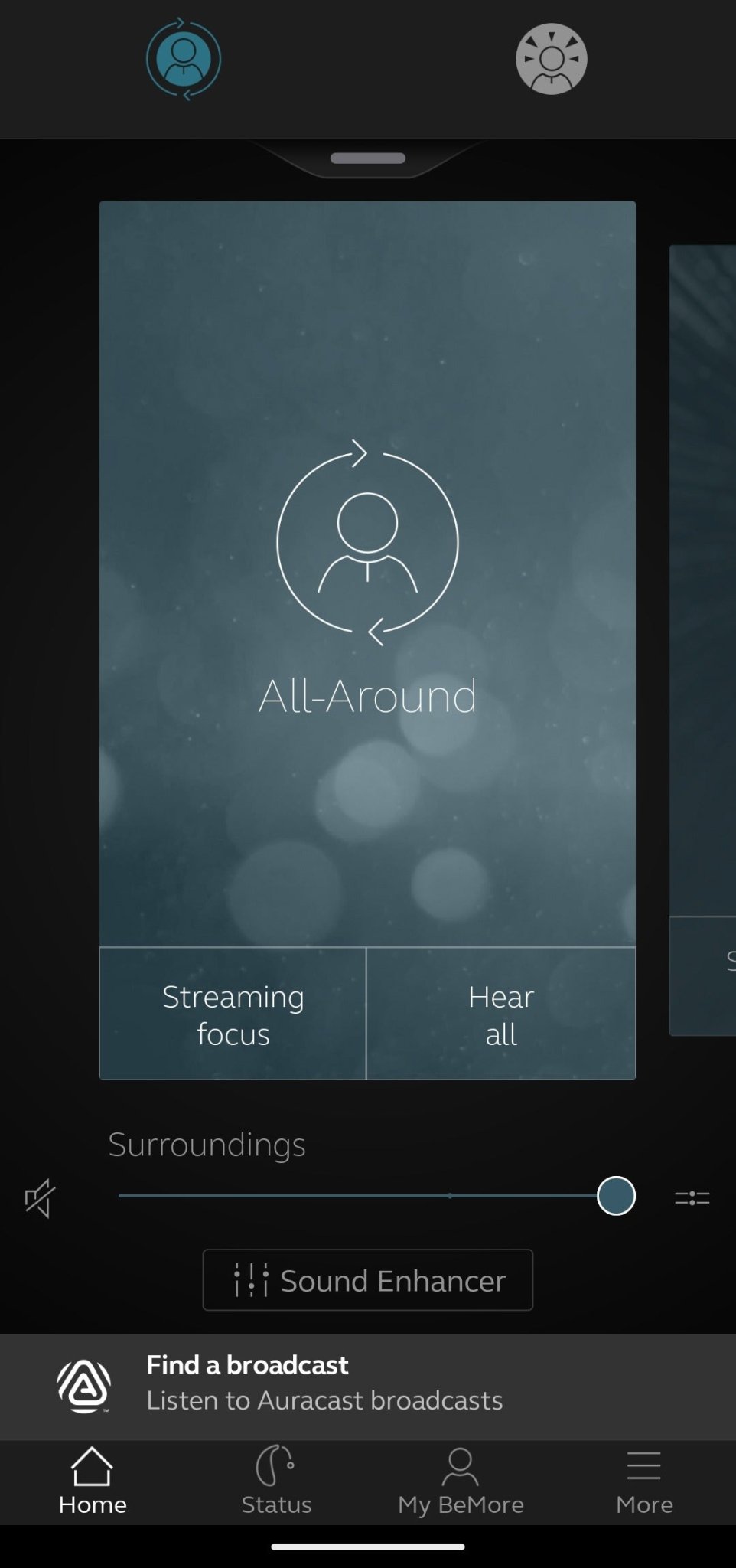 Home screen with Find a broadcast available
