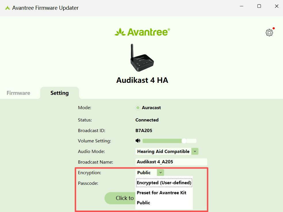Avantree Firmware Updater Setting screen with the Audikast 4HA Encryption menu highlighted.
