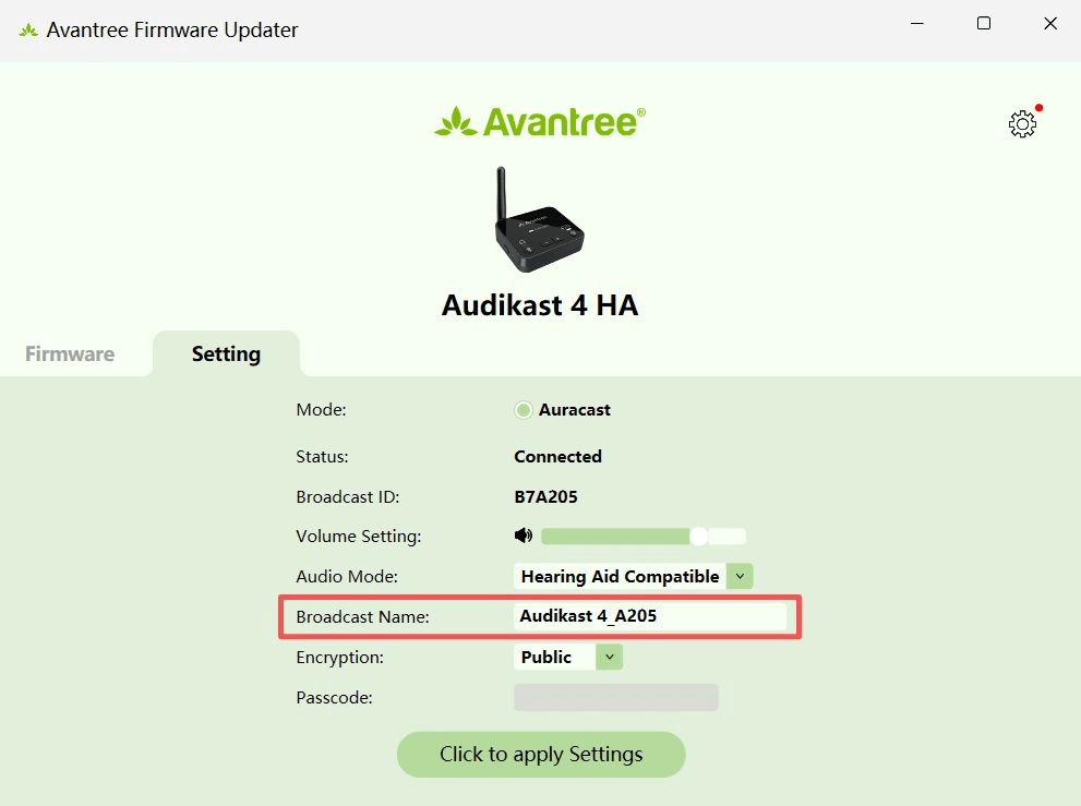 Avantree Firmware Updater Setting screen with the Audikast 4HA Broadcast Name field highlighted.