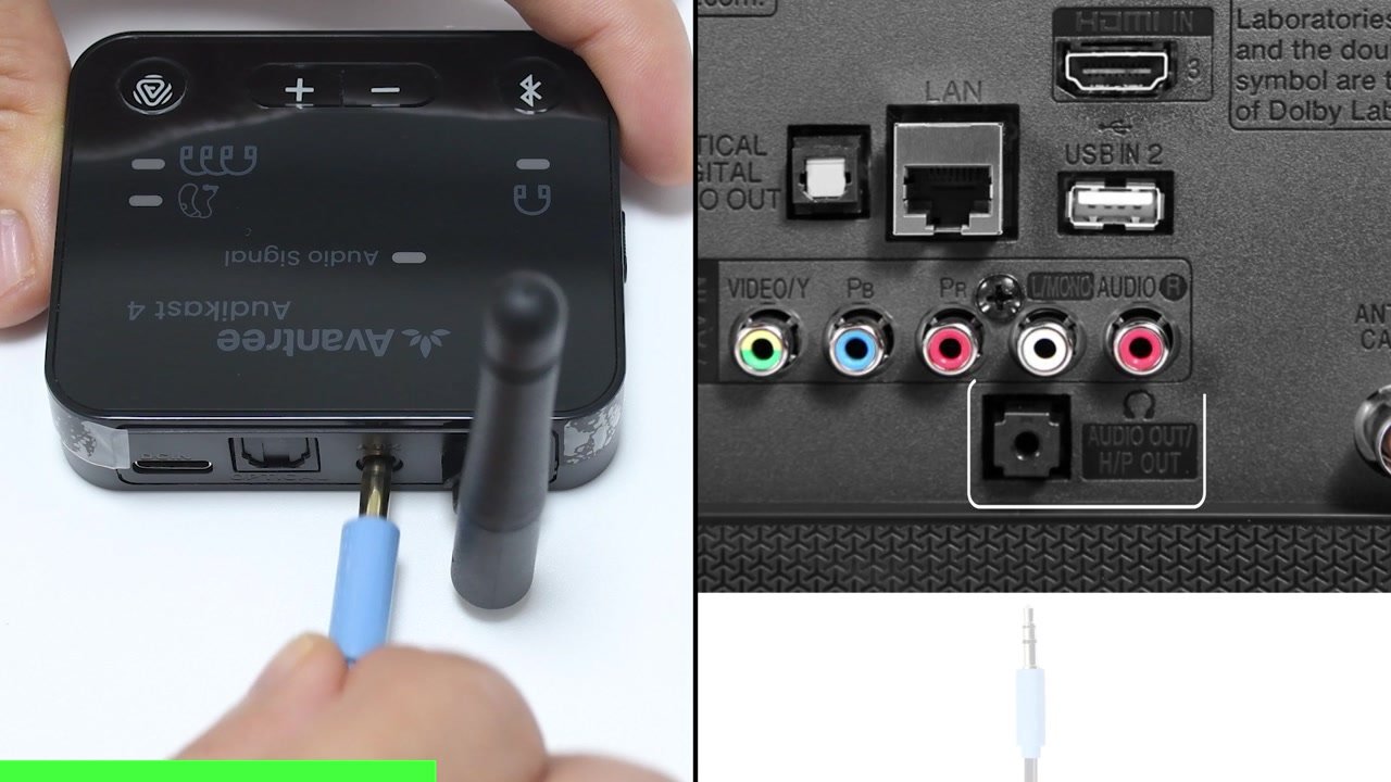 Blue AUX cable connected between Audikast 4T and a TV Headphones Audio Out port