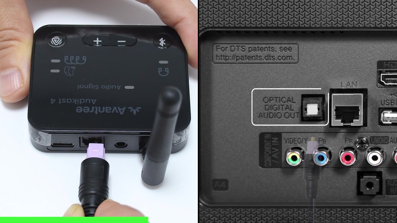 Optical cable connected between Audikast 4T and a TV Optical Digital Audio Out port
