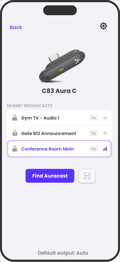 Aura C screen showing nearby Auracast broadcasts and Find Auracast button