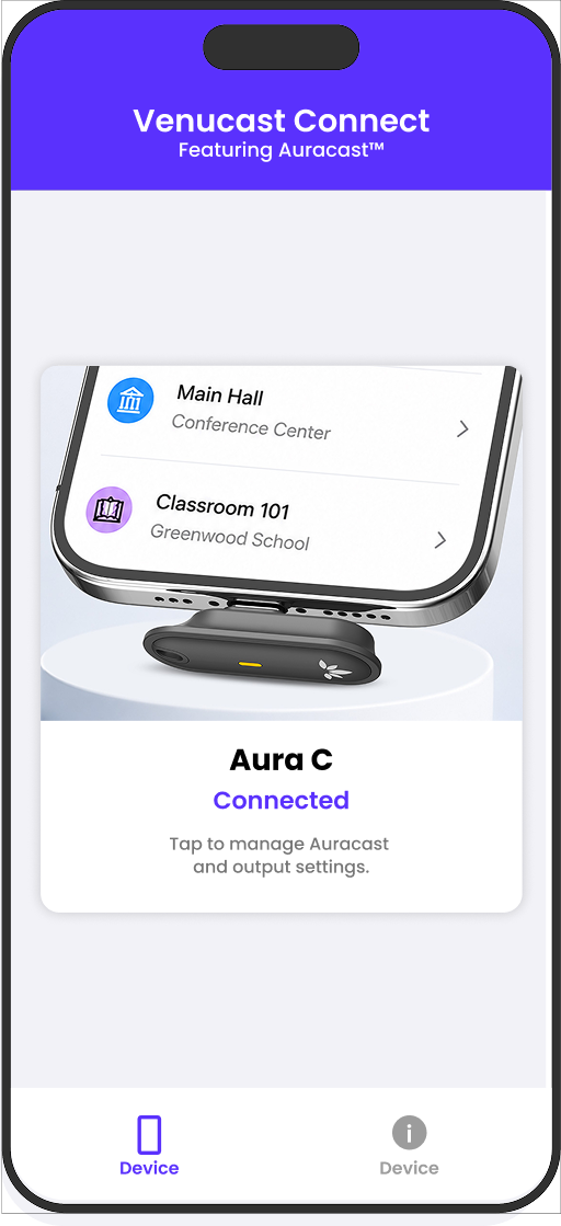 VenuCast Connect showing Aura C connected