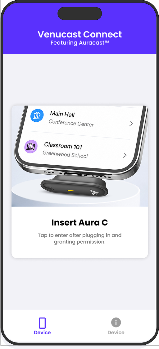 VenuCast Connect screen asking the user to insert Aura C
