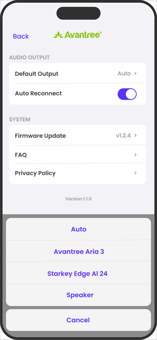 Aura C Default Output choices including Auto, connected devices, and Speaker