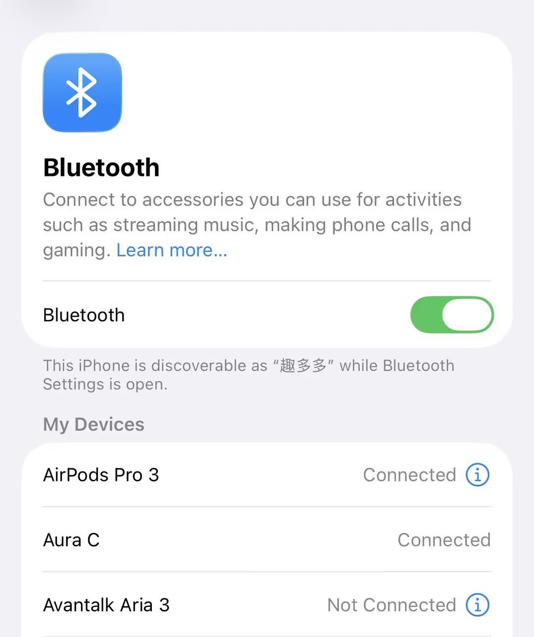 iPhone Bluetooth settings with AirPods Pro 3 shown as Connected