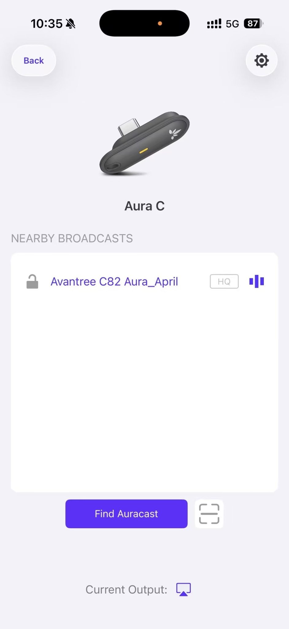VenuCast Connect with Current Output at the bottom of the screen