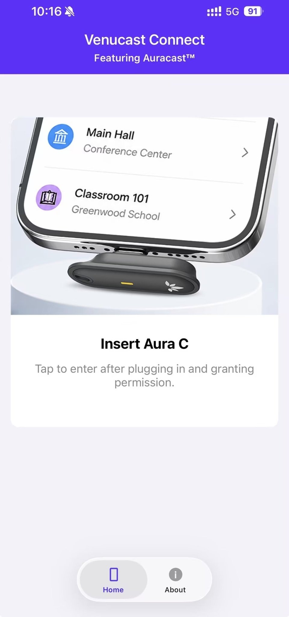 VenuCast Connect screen showing Insert Aura C