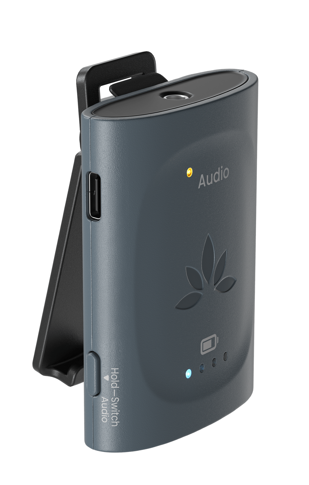 AuraClip with the Switch Audio button and printed label visible on its side