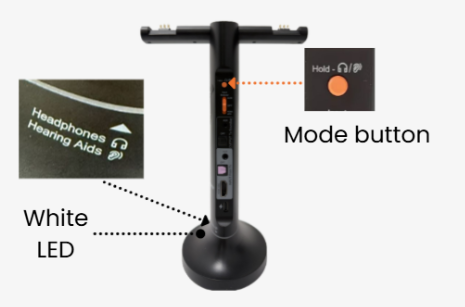 Duet Aura transmitter showing the Mode button and white hearing-aid Mode light