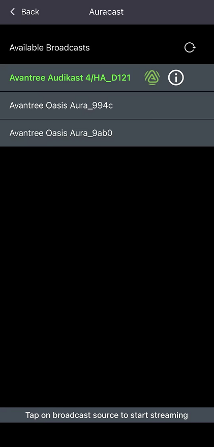 Choose an available Auracast broadcast in the App