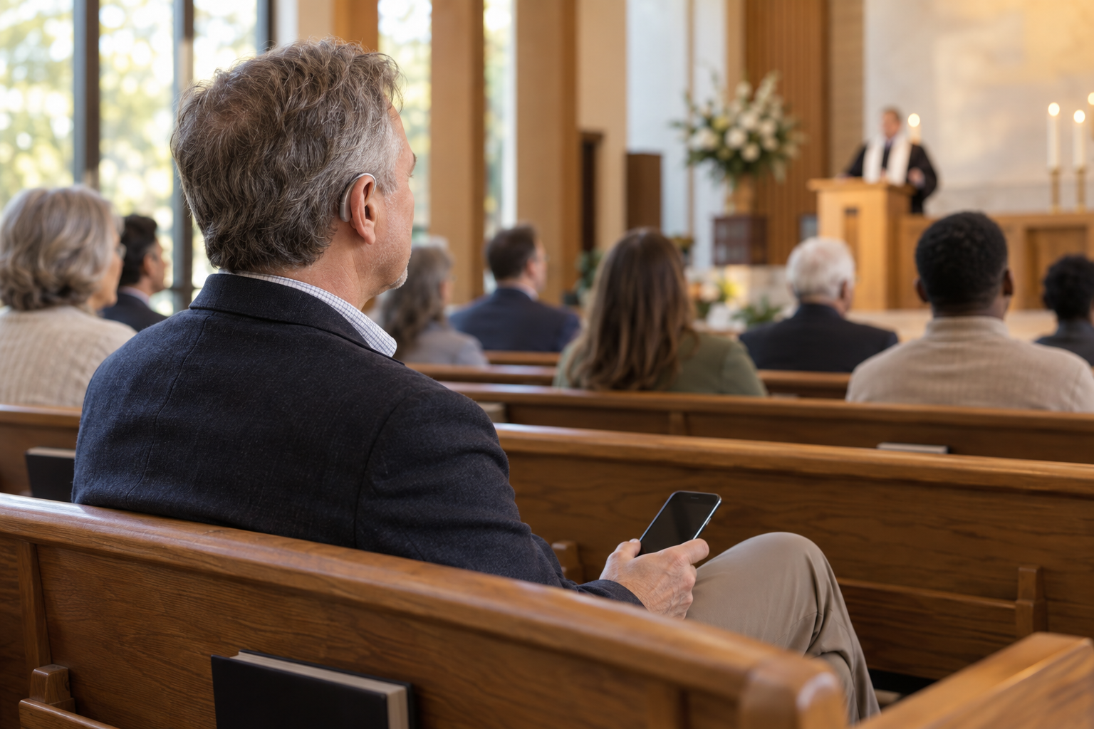 A church attendee listening to a sermon through Bluetooth-streaming hearing aids connected to a phone