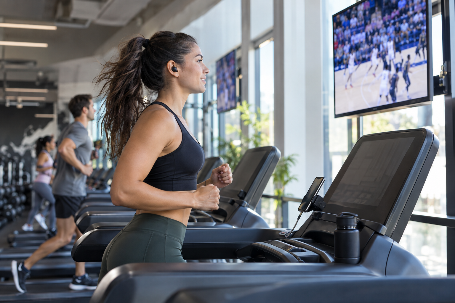A runner on a gym treadmill watching television while listening through Bluetooth sport earbuds connected to a phone