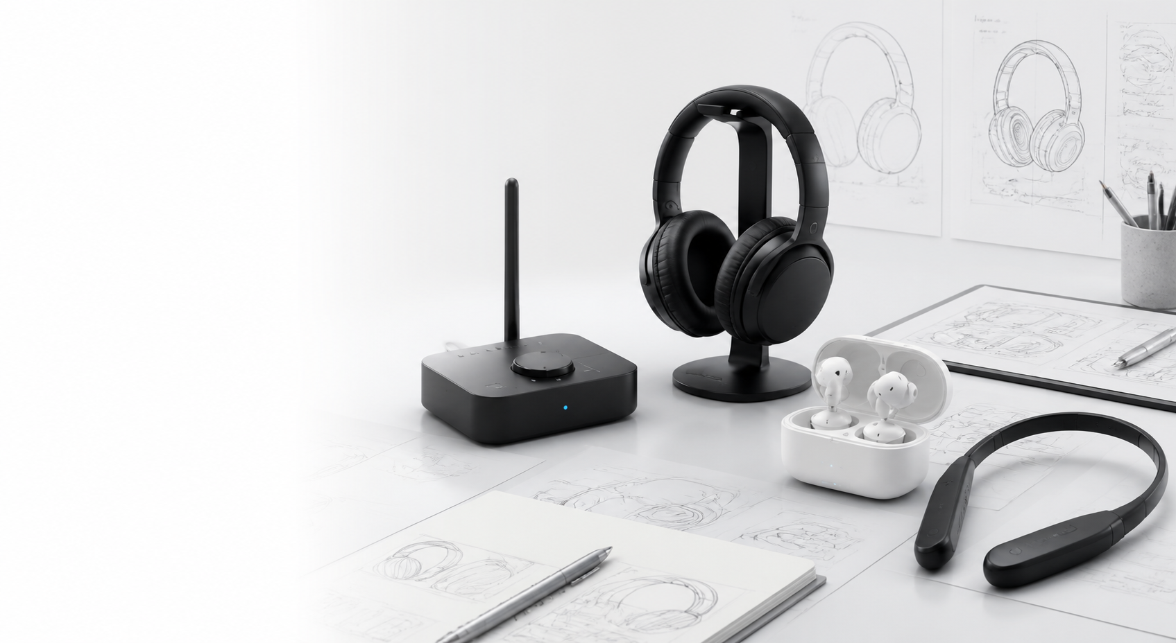 Audio product concepts and prototypes on a design workbench