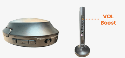 Opera Plus headphone volume buttons and the VOL Boost switch on the transmitter