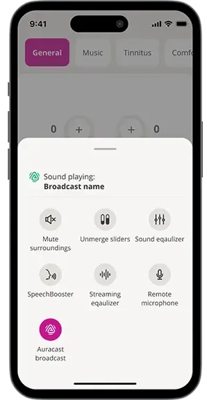 Auracast broadcast option in the Oticon app