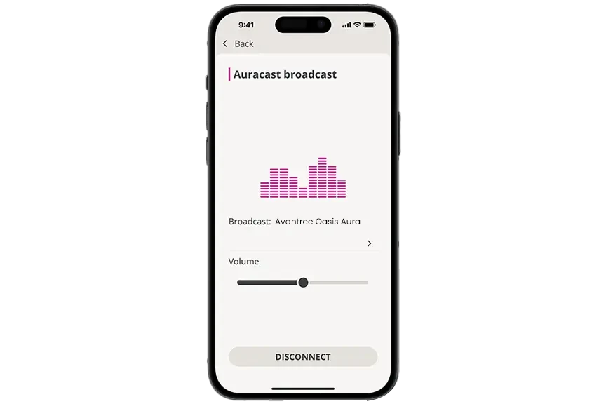 Auracast broadcast volume control in the Oticon app