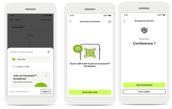 myPhonak screen with Join an Auracast broadcast