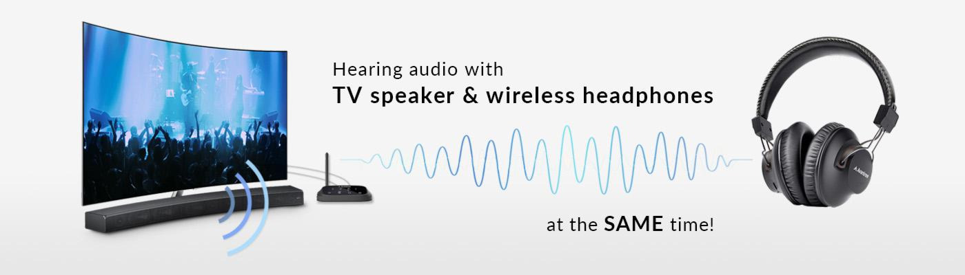 TV with soundbar and transmitter sending soundwaves to a wireless headphones