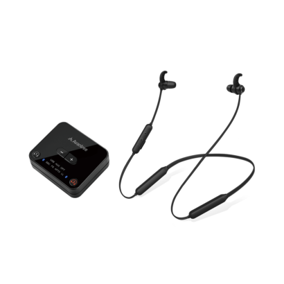 Avantree HT4186 main photo with wireless earphones and transmitter
