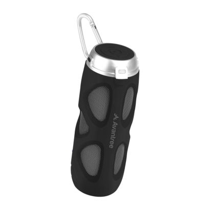 Close up image of the Avantree Cyclone wireless portable speaker with carabiner