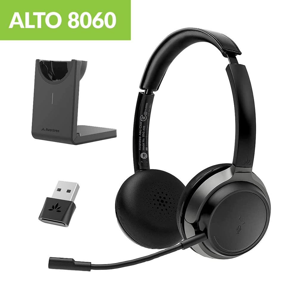 avantree alto 8060 bluetooth headphone with detachable boom mic and charging stand and usb dongle