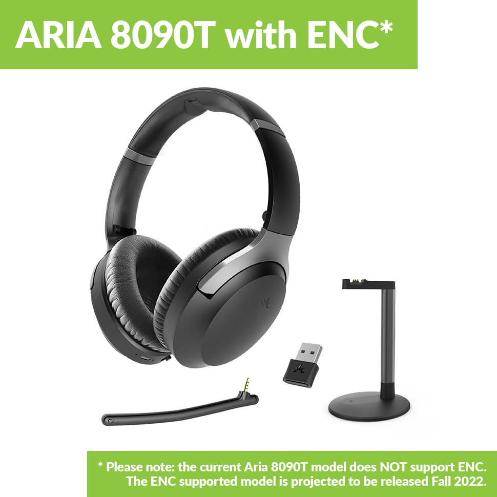 Avantree aria 8090T bluetooth headphones with detachable boom mic, charging stand, and usb dongle and notice of ENC compatible version projected launch fall 2022