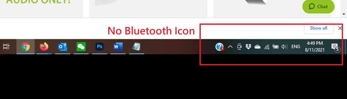 No Bluetooth icon will appear when using Bluetooth USB audio adapter