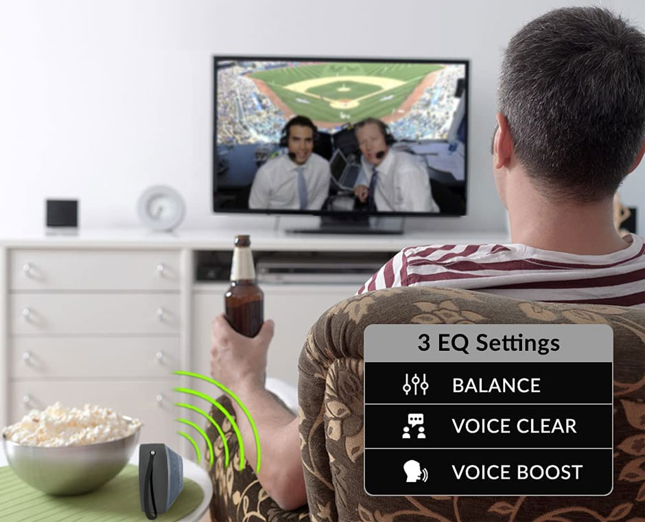 SP860 Bluetooth speaker + FM radio with tv images representing three listening modes. Voice Clear, Volume Boost and Balance