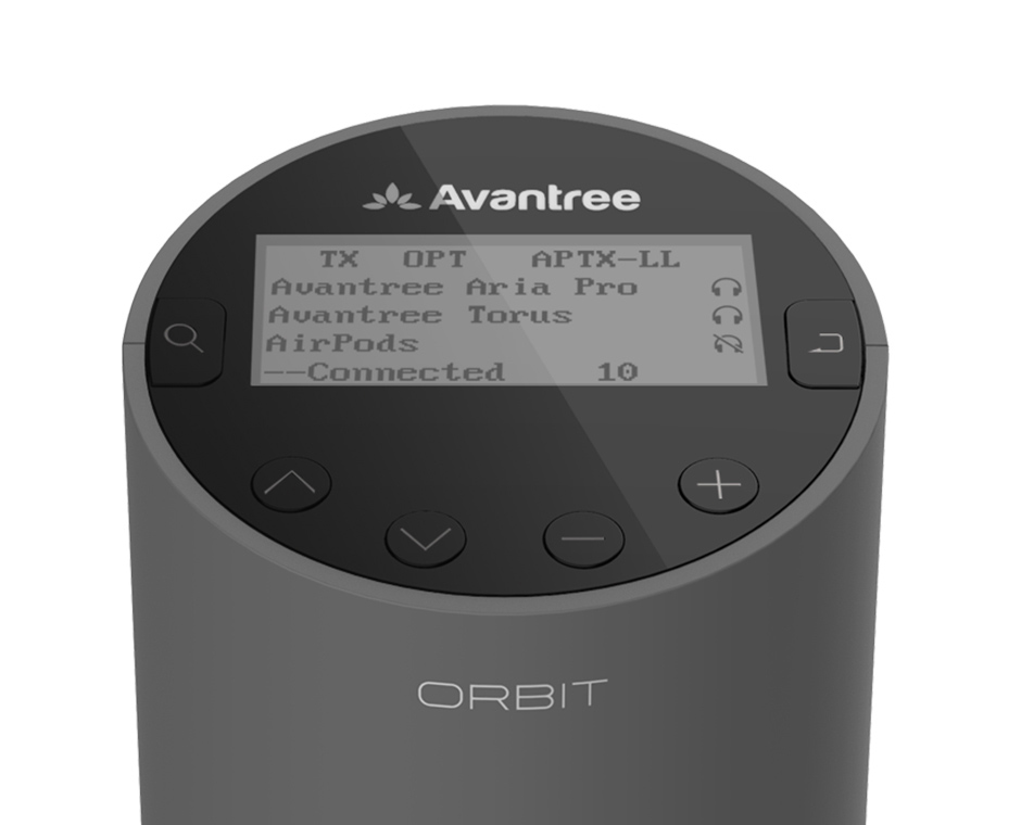 Closeup of Orbit Bluetooth transmitter's LCD screen that displays different connected devices for headache-free pairing