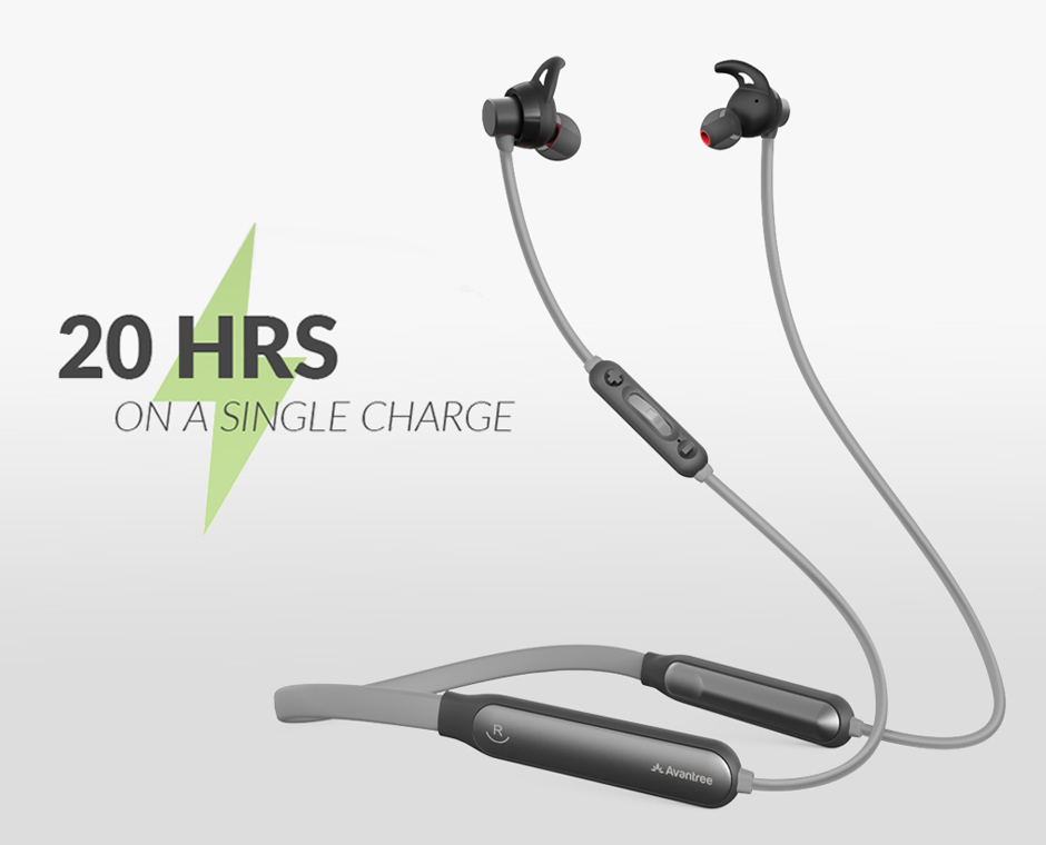 Avantree NB18 Bluetooth Neckband Headphones on a gray background with the caption saying 20 hours of playtime